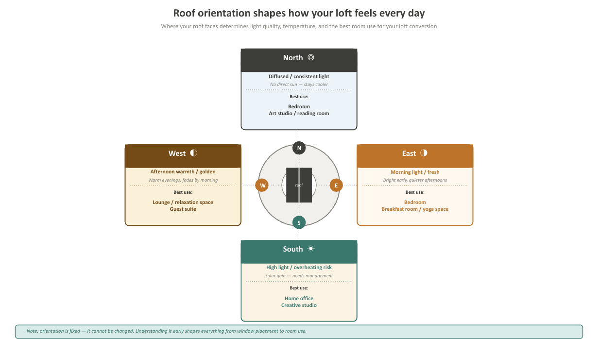 A diagram showing the effect the roof orientation can have the way the room feels.
